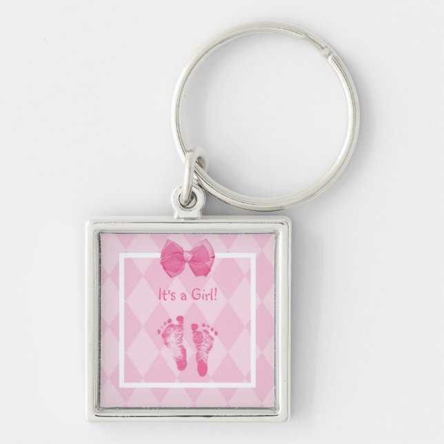 Cute Baby Girl Footprints Birth Announcement Keychain (Front)