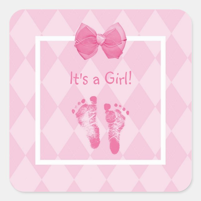 Cute Baby Girl Footprints Birth Announcement Square Sticker (Front)