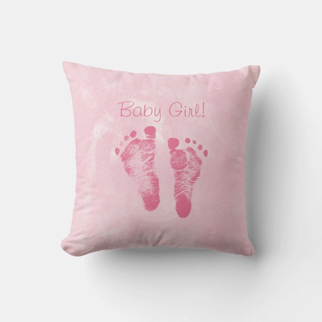 Cute Baby Girl Footprints Birth Announcement Throw Pillow (Front)