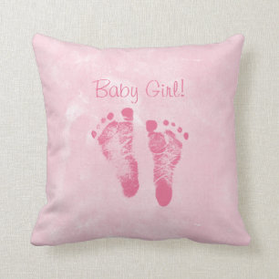 Cute Baby Girl Footprints Birth Announcement Throw Pillow
