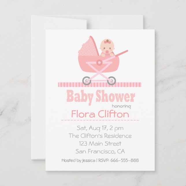 Cute Baby Girl in Stroller Pram Baby Shower Invitation (Front)