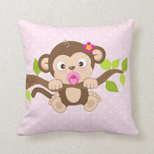 Cute Baby Girl Monkey Pink Polka Dots Throw Pillow
