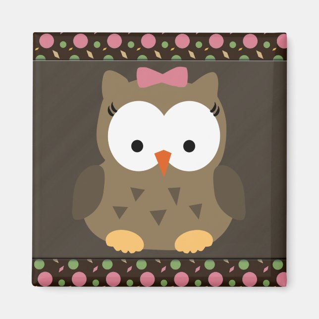 Cute Baby Girl Owl with Pink Bow Magnet (Front)