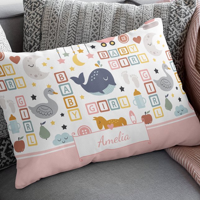 Cute Baby Girl Pink Pattern with Name Accent Pillow (Creator Uploaded)