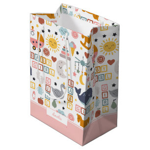 Cute Baby Girl Pink Pattern with Name Baby Shower Medium Gift Bag