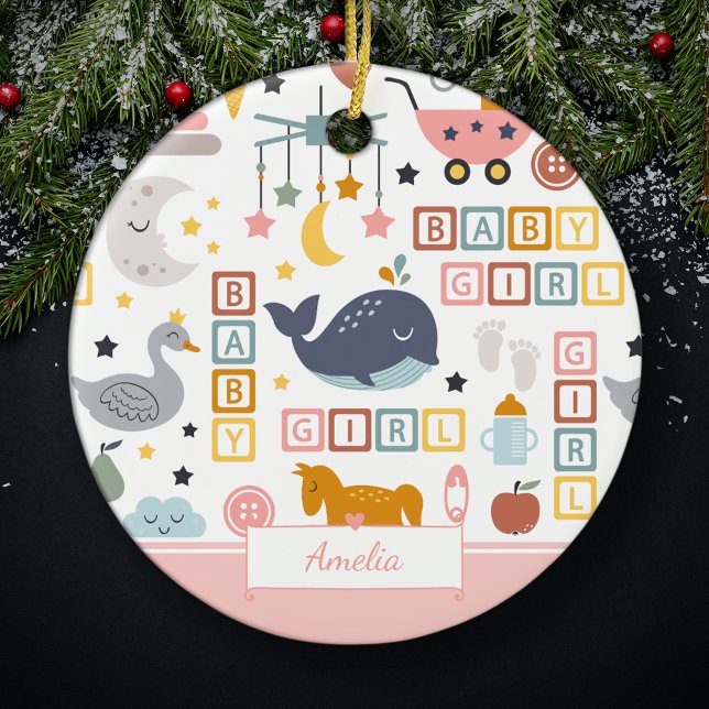 Cute Baby Girl Pink Pattern with Name Christmas Ceramic Ornament (Creator Uploaded)