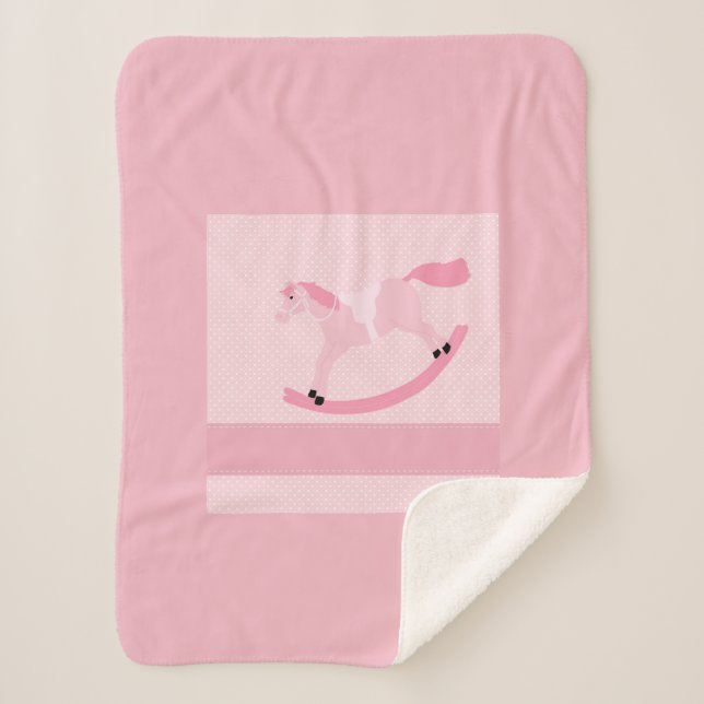 Cute Baby Girl Pink Rocking Horse Sherpa Blanket (Front)