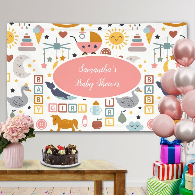 Cute Baby Girl Pink Toy Pattern Baby Shower Banner (Creator Uploaded)