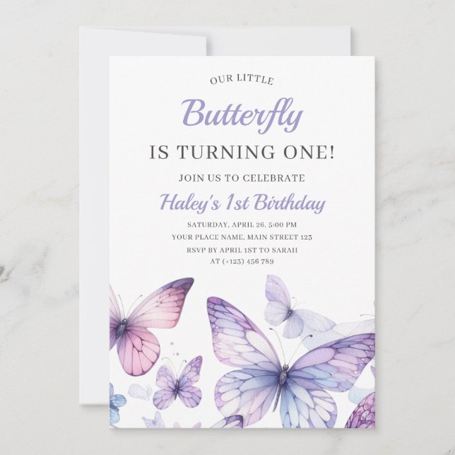 Cute Baby Girl Purple Butterfly Kids 1st Birthday Invitation (Front)