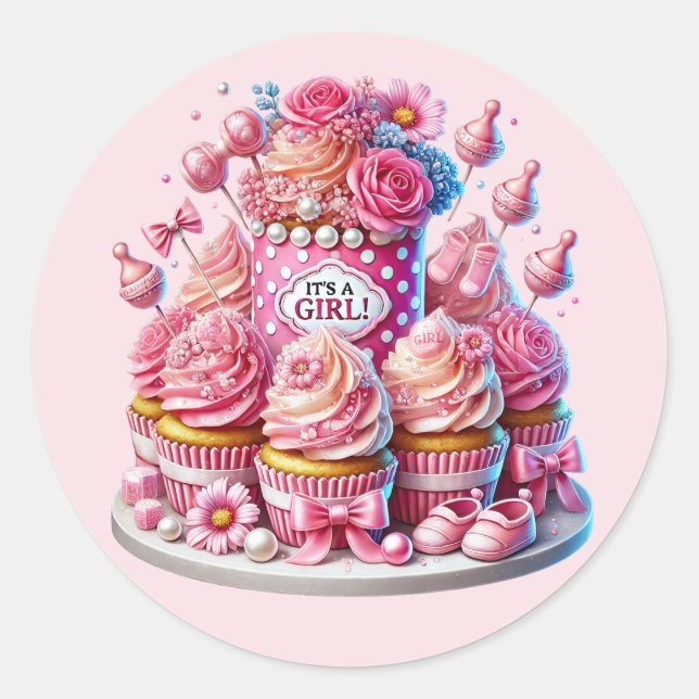 Cute baby girl shower cupcake classic round sticker (Front)