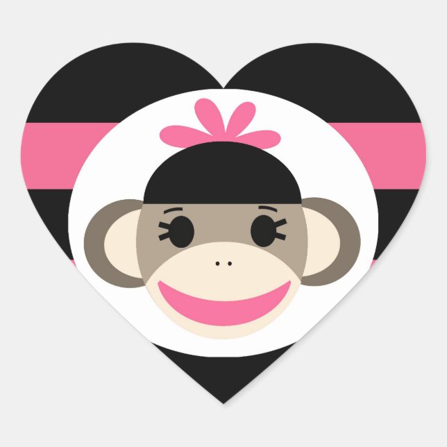 Cute Baby Girl Sock Monkey Black Pink Stripes Heart Sticker (Front)