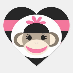 Cute Baby Girl Sock Monkey Black Pink Stripes Heart Sticker