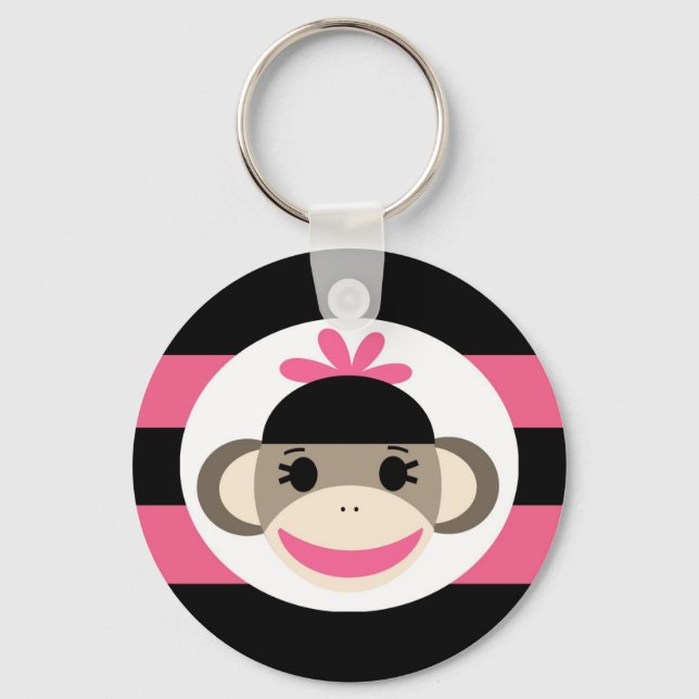 Cute Baby Girl Sock Monkey Black Pink Stripes Keychain (Front)