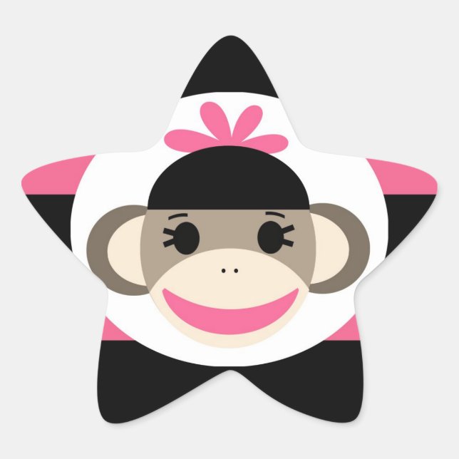 Cute Baby Girl Sock Monkey Black Pink Stripes Star Sticker (Front)