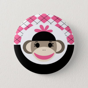 Cute Baby Girl Sock Monkey Pink Black Argyle 2 Inch Round Button