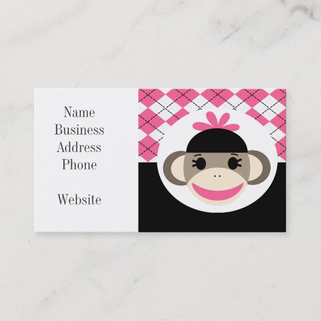 Cute Baby Girl Sock Monkey Pink Black Argyle Business Card (Front)