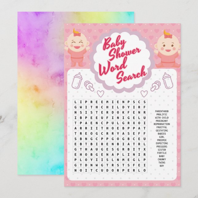 cute baby girl word search invitation (Front/Back)