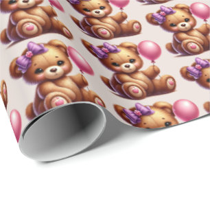 Cute baby girls tiled pattern bear baby shower wrapping paper