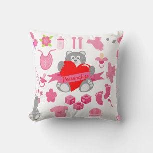 Cute Baby Girly Pink Teddy Bear Personalized Throw Pillow