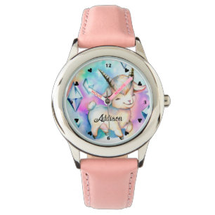 Cute Baby Goat and Diamonds Rainbow Watercolor Watch