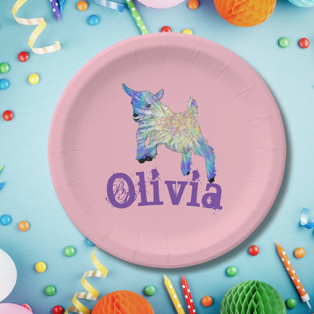 Cute Baby Goat Jumping Animal Art add Name Paper Plate (Goat farm animal themed birthday party personalized pink paper plate cute jumping baby goat art)