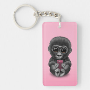 Cute Baby Gorilla Holding a Cell Phone Pink Keychain