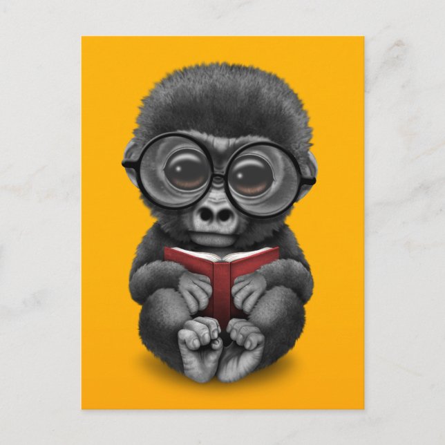 Cute Baby Gorilla Reading a Book on Yellow Postcard (Front)