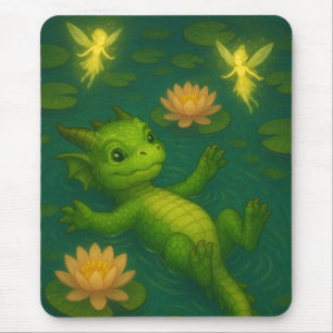 Cute baby green forest dragon puppy eyes swimming mouse pad