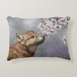 Cute Baby Grey Wolf Pup and Flowers Accent Pillow