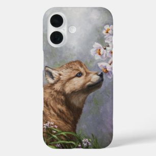 Cute Baby Grey Wolf Pup and Flowers iPhone 16 Case