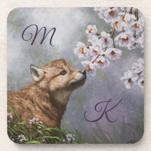Cute Baby Grey Wolf Pup and Flowers Coaster