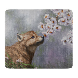 Cute Baby Grey Wolf Pup and Flowers Cutting Board