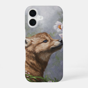 Cute Baby Grey Wolf Pup and Flowers iPhone 16 Case