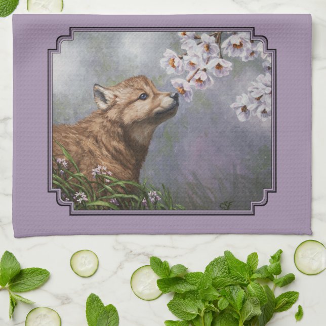 Cute Baby Grey Wolf Pup and Flowers Kitchen Towel (Folded)