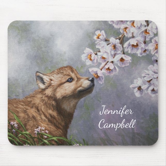 Cute Baby Grey Wolf Pup and Flowers Mouse Pad (Front)