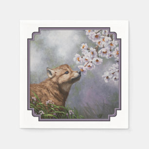 Cute Baby Grey Wolf Pup and Flowers Napkin