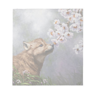 Cute Baby Grey Wolf Pup and Flowers Notepad