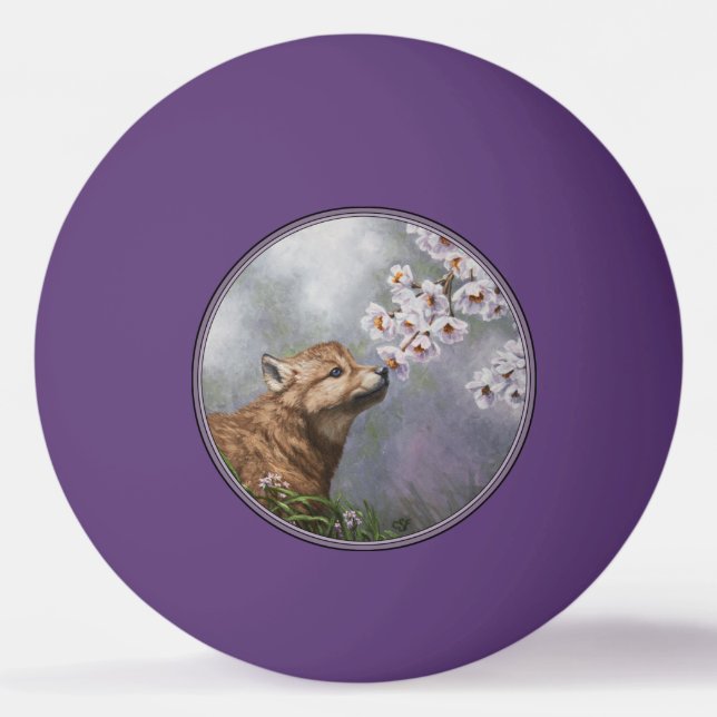 Cute Baby Grey Wolf Pup and Flowers Ping Pong Ball (Front)