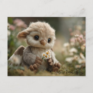 Cute Baby Griffin Holding Wildflowers in Garden Postcard