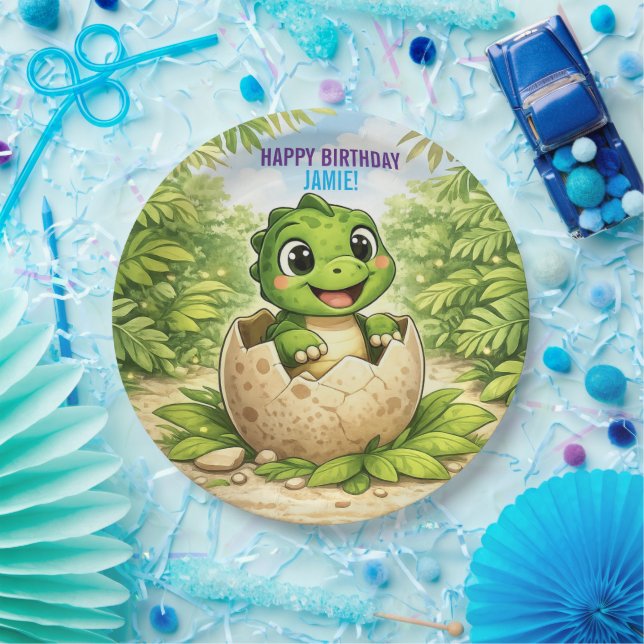 Cute Baby Hatchling Dinosaur Birthday Paper Plate (Party)