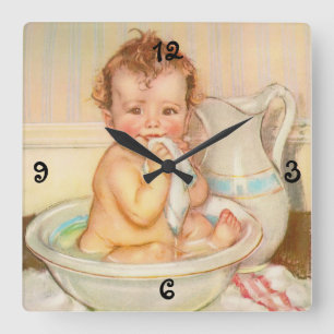 Cute Baby Having a Bath Square Wall Clock
