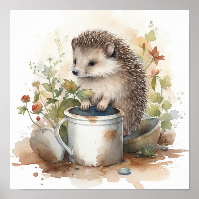 Cute Baby Hedgehog in a Flower Garden Watercolor Poster (Front)