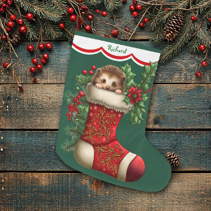 Cute Baby Hedgehog Peeking Large Christmas Stocking
