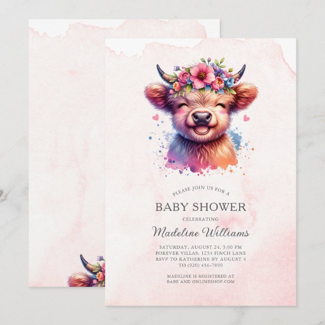 Cute Baby Highland Cow Baby Shower Invitation (Front/Back)