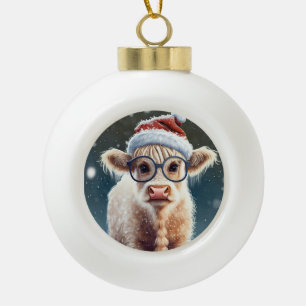 Cute baby Highland Cow In The Snow Ceramic Ball Christmas Ornament