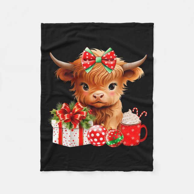 Cute Baby Highland Cow Merry Christmas Farmer Cow  Fleece Blanket (Front)