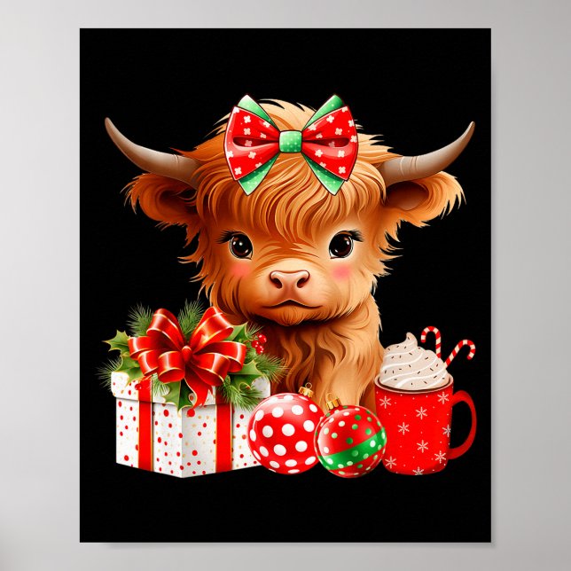 Cute Baby Highland Cow Merry Christmas Farmer Cow  Poster (Front)