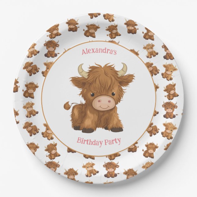 Cute Baby Highland Cow Paper Plates (Front)