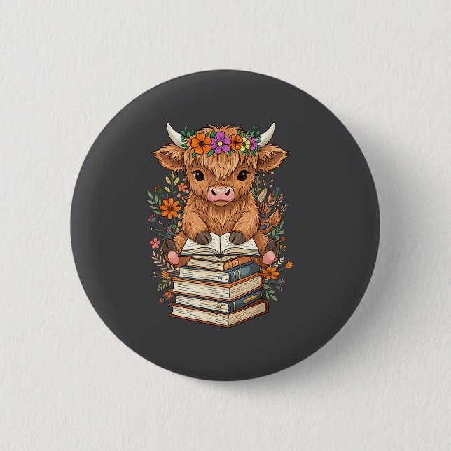 Cute Baby Highland Cow Reading Book Librarian Book 2 Inch Round Button (Front)