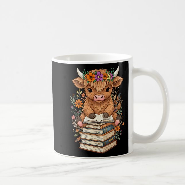 Cute Baby Highland Cow Reading Book Librarian Book Coffee Mug (Right)